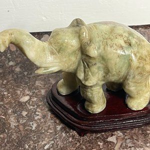 Vintage Carved Soapstone Elephant Sculpture Figurine 4 1/2" Tall on Wooden Stand